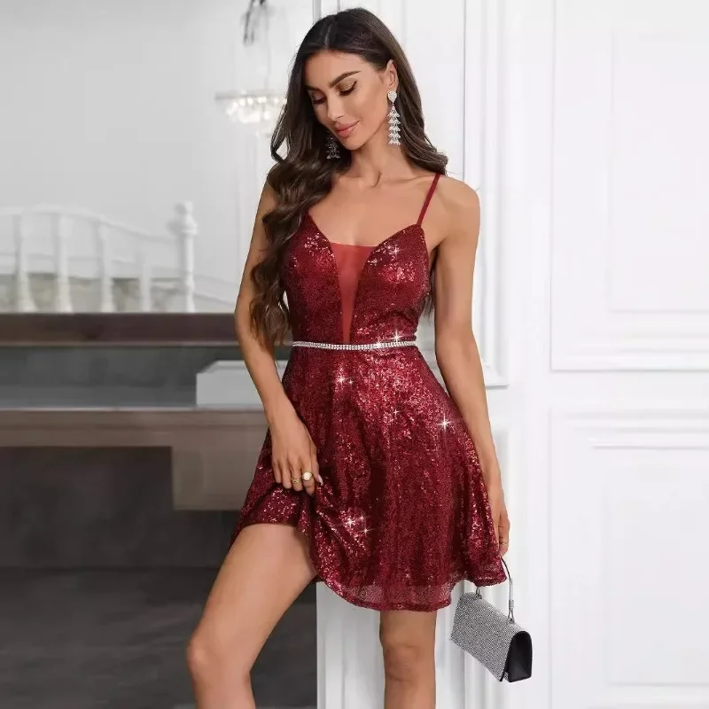 

2025 new women's sequin dress with deep V-neck off-shoulder A-poscopic suspender party short dress