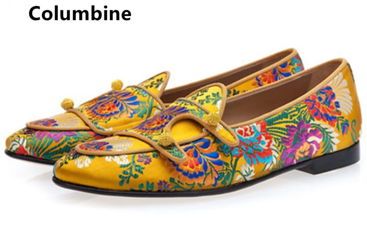 

Men Yellow-toned Multicolor Jacquard Canvas Matching Buttons Dress Shoes Double-monk Loafers Floral Embroidery Casual Shoes