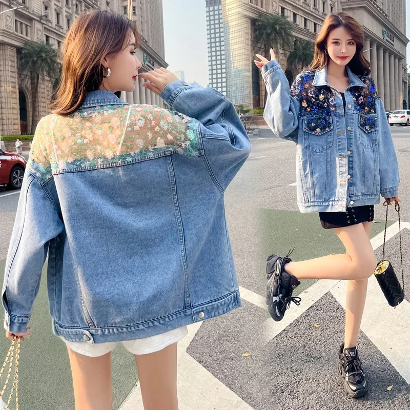 Spring Women Frayed Hollow Sequin Flower Net Gauze Splicing Denim Jacket Lapel Long Sleeve Jeans Jacket Coat Harajuku Streetwear