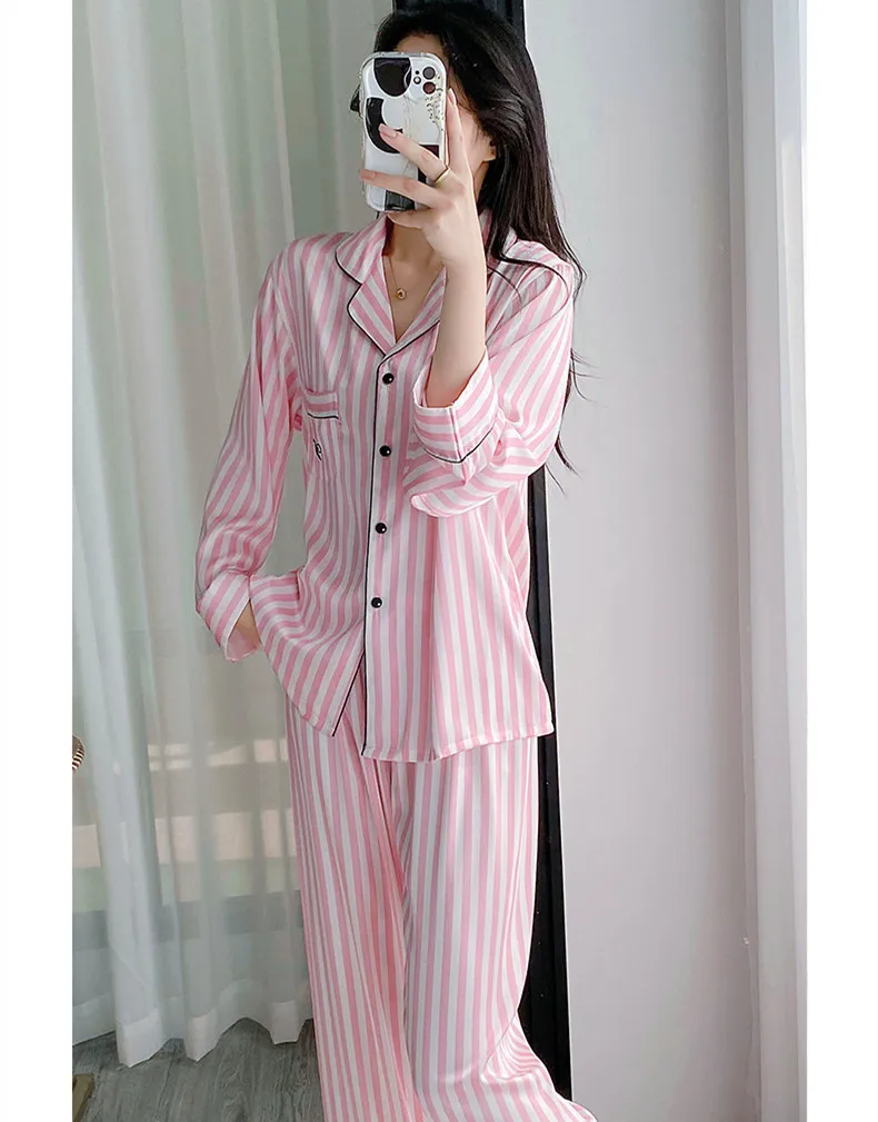 Pink Striped Printed Satin 2Pcs Sleep Set Pajamas Women Sleepwear Lapel Shirt Pants Pijamas Suit Spring Nightwear