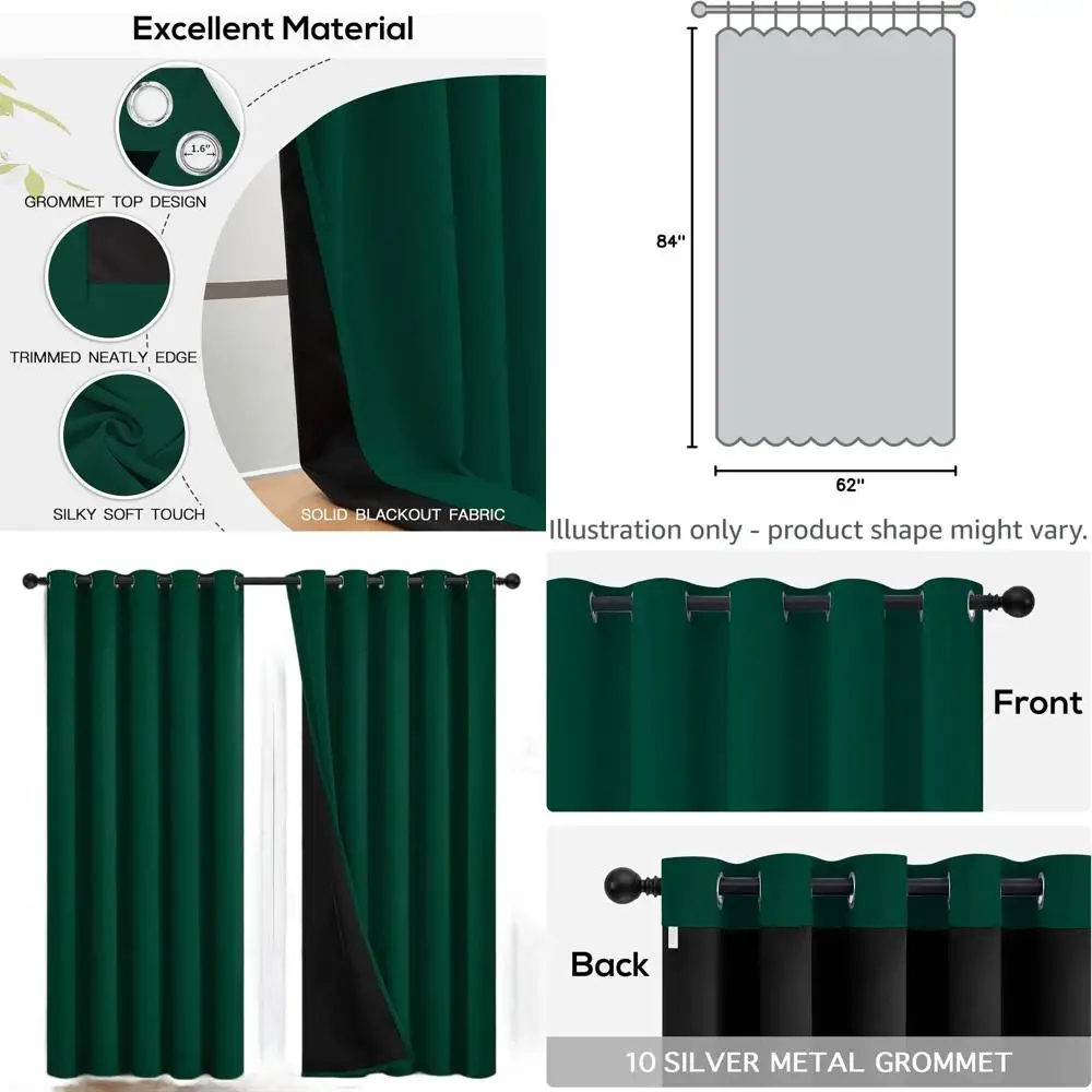 

Шторы блэкаут 62x84 дюйма с термоизоляцией и черной подкладкой для спальни, комплект из 2 панелей
