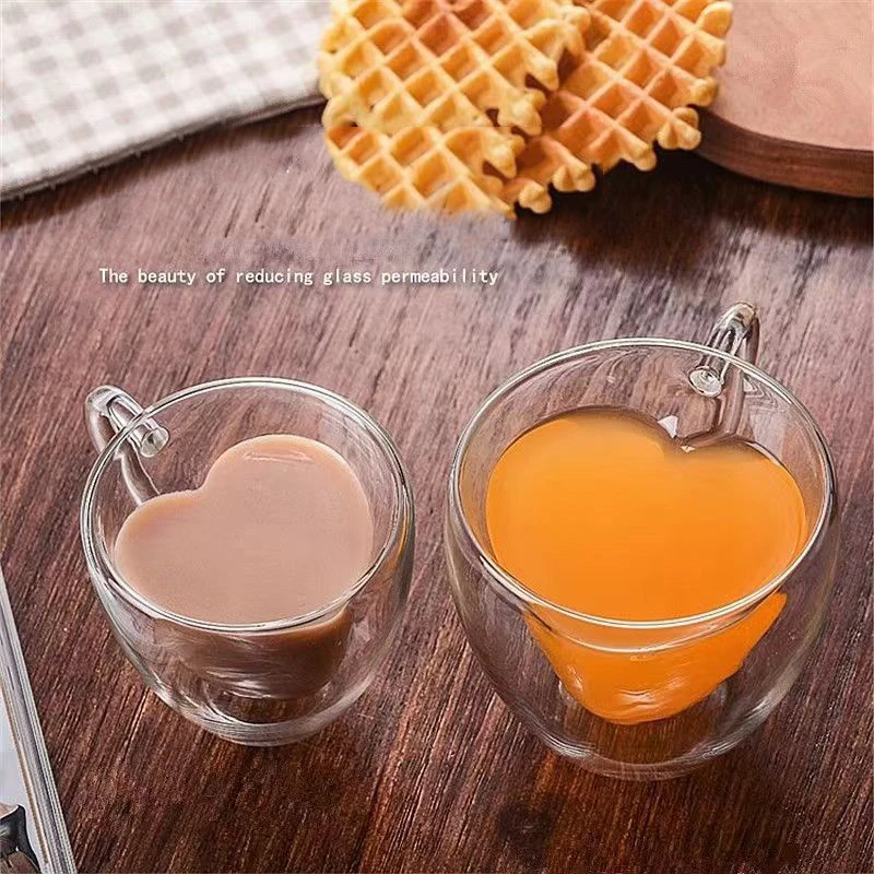 

Heart Love Shape Glass Cup Double Wall Coffee Mug with handle Anti-scald Heart Drinking Tea Milk Juice Water cup Lover Gift