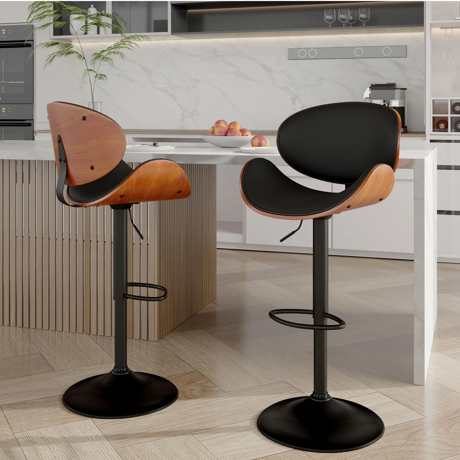 Rotativo Bar Stool Set com encosto e Footstool, PU Couro Almofada, Contra Altura, Bar Chair, Cozinha e Restaurante, 2 pcs