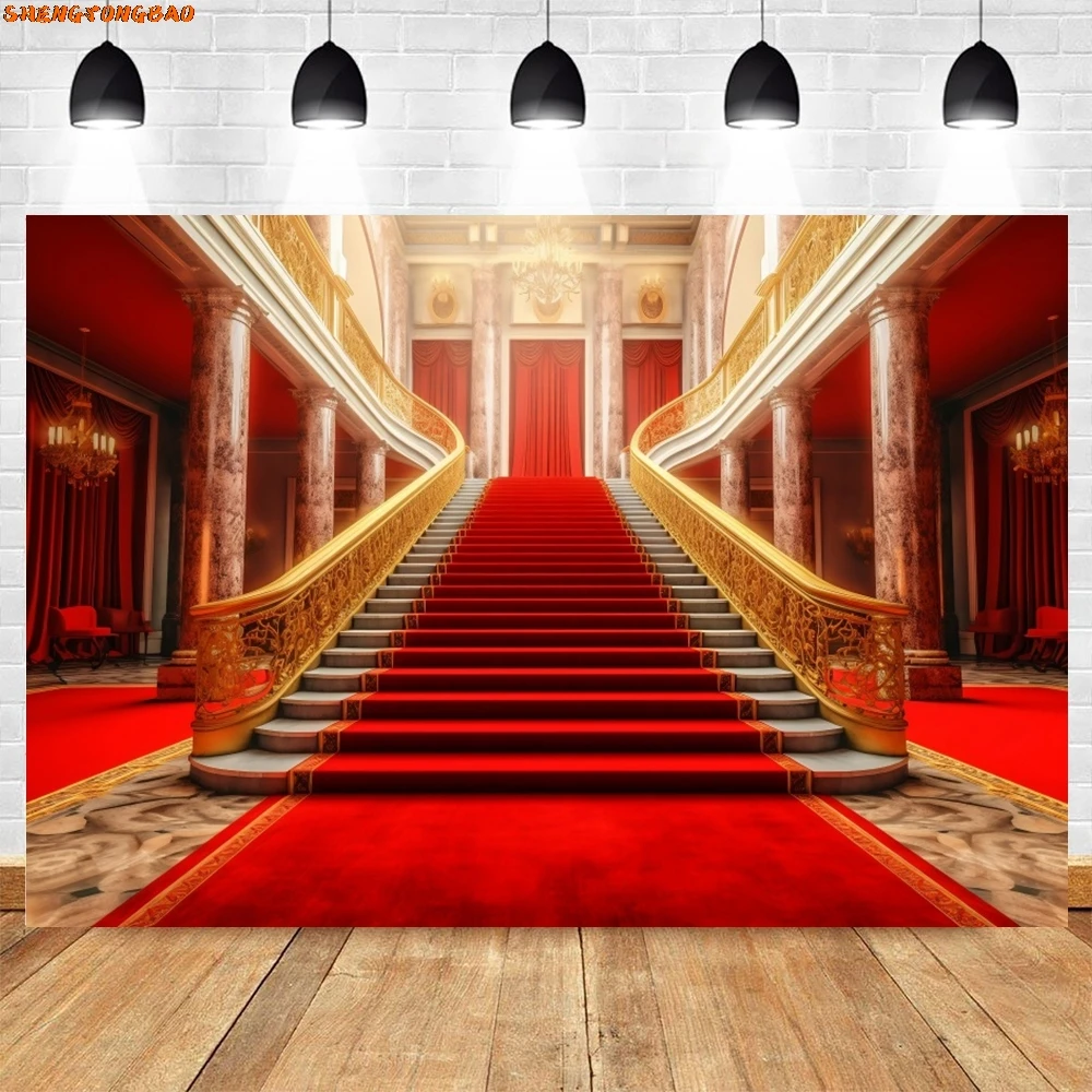 Toile de fond de photographie d'escalier de palais de luxe, tapis rouge, château vintage, scène d'église, mariage, décor de fête d'anniversaire, arrière-plan photo