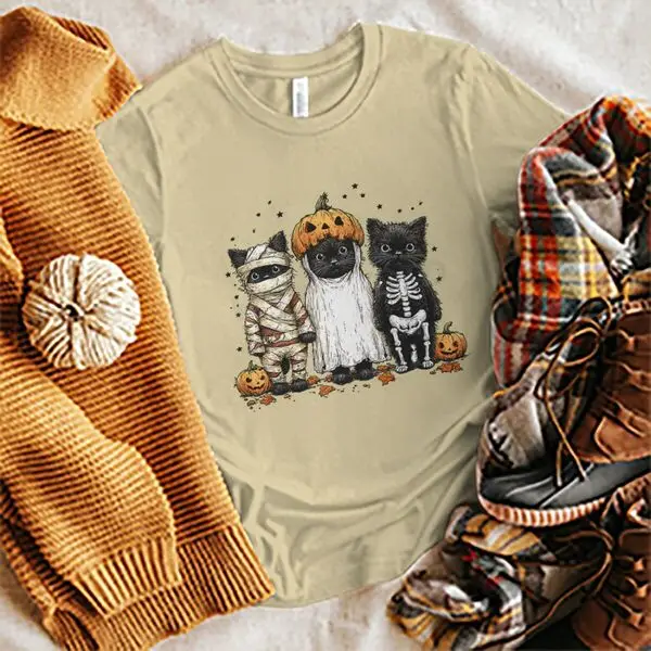 

Funny Black Cat Pumpkin Vintage T Shirts for Men Women Ghost Cat Retro Short Sleeve Tee Spooky Season Cat Lover T-shirt Tops