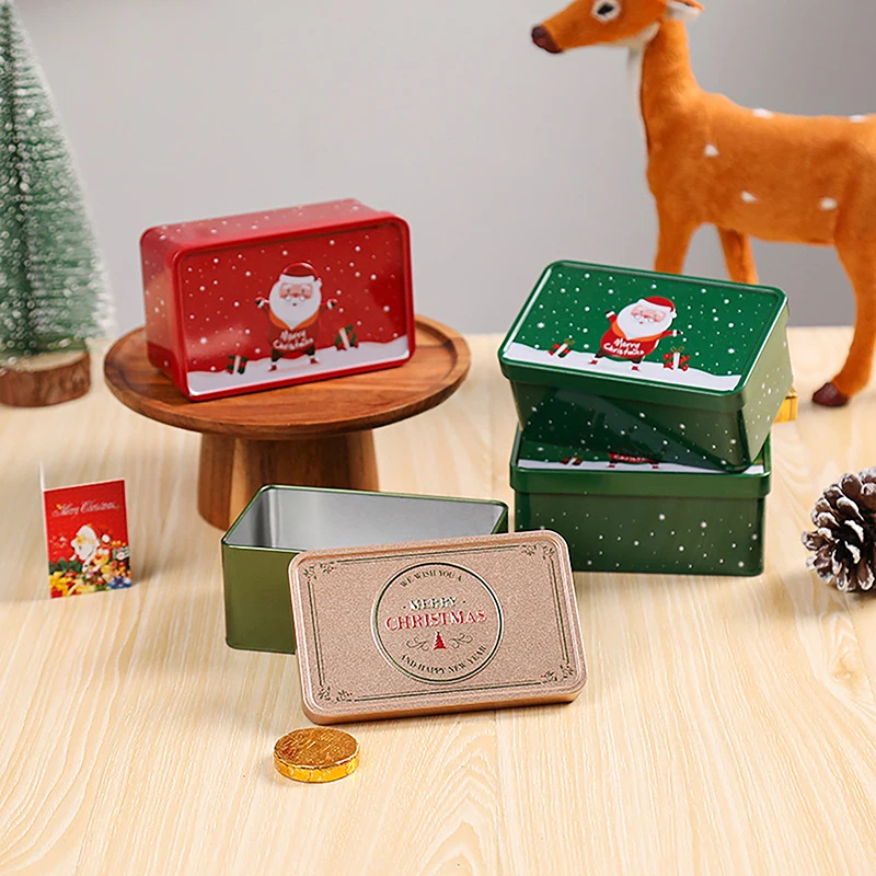 1Pc Christmas Square Tinplate Can Candy Box Gift Storage Box Biscuit Can Metal Can Home Storage Box Xmas Candy Cans Kids Gift