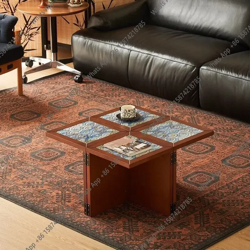 A-X Medieval Deformable Coffee Table Solid Wood Square Tea Table Multi-functional Small Tea Side Table Living Room Furniture S
