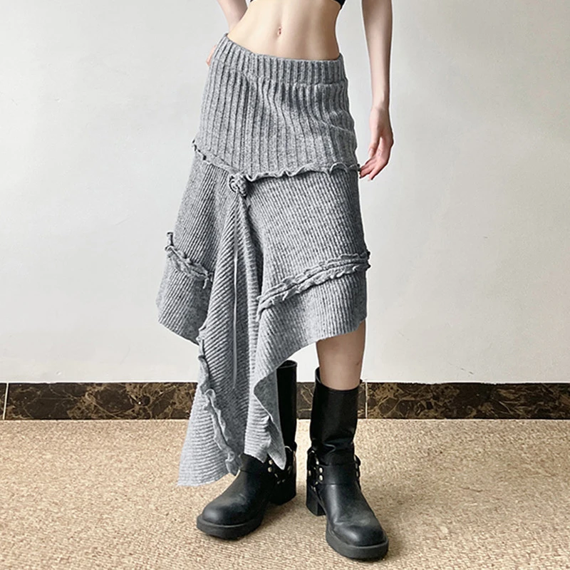 MEXZT Y2K 花ニットミディスカート女性ヴィンテージ原宿非対称スカート冬のセクシーなギャルグランジデザイン A ライン段段新