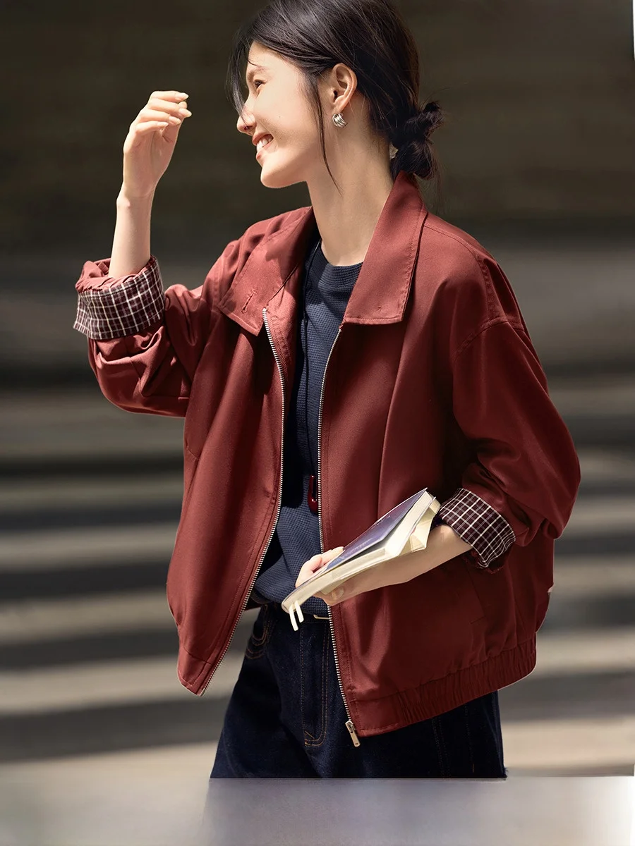 

Красный лоскутный свободный топ Lazy Sle для похудения, верхняя одежда для женщин, осень 2022, топ XWI Ele для поездок на работу, полиэфирное волокно