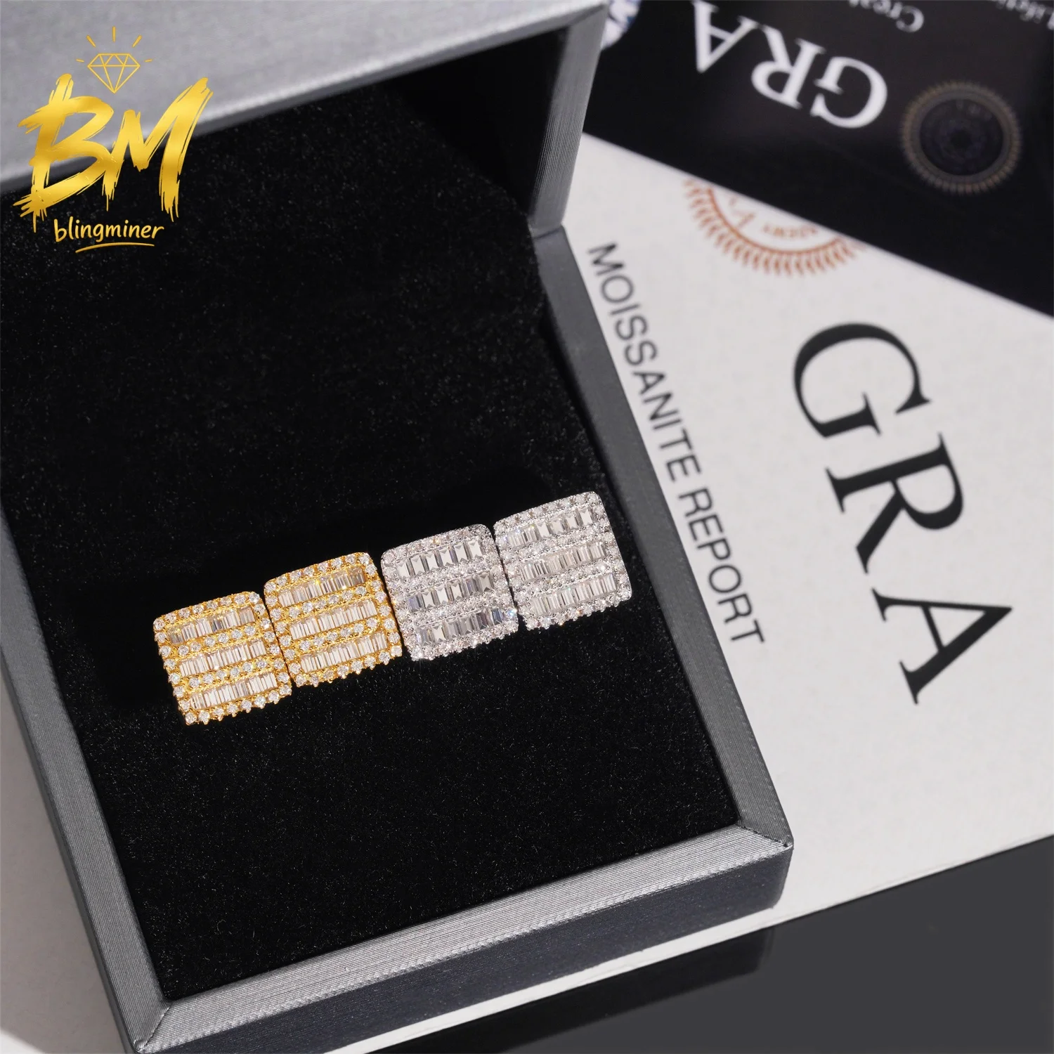 Blingminer 11MM Square VVS Moissanite Earrings For Men Women S925 Silver Ear Studs Jewelry Pass Diamonds Tester GRA Free Shippin