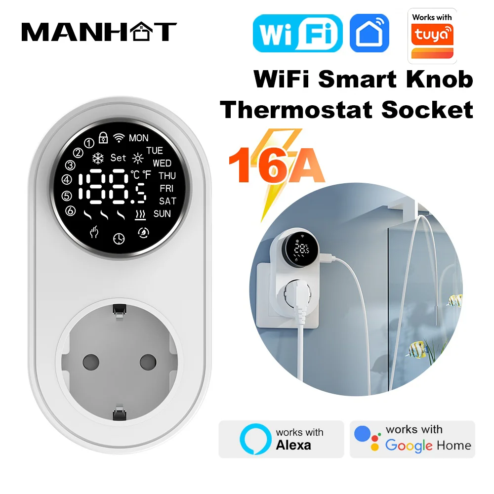 Manhot WIFI Smart Knob Thermostat Socket 16A Digital Temperature Controller NTC Sensor Control Heating Cooling Works with Tuya