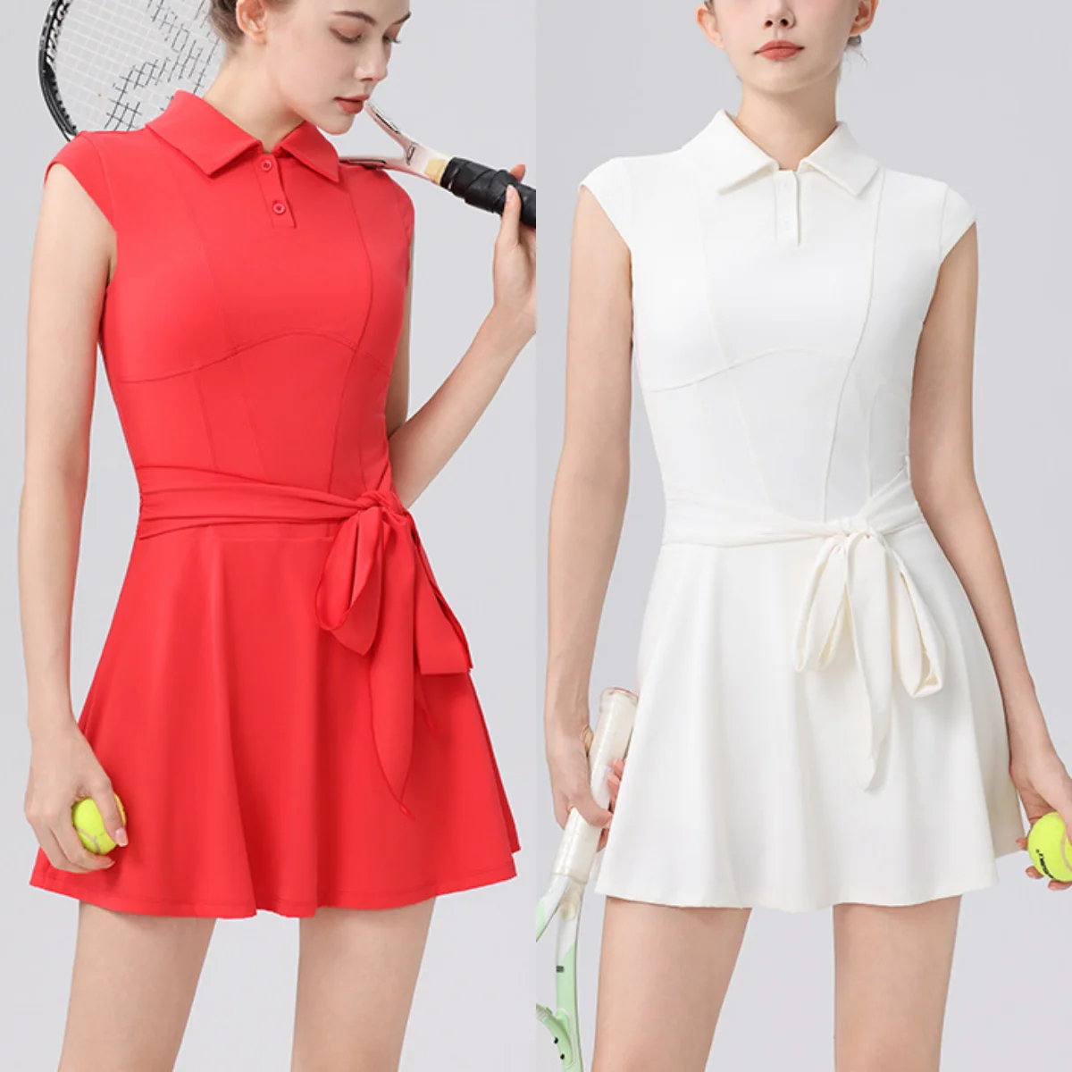 

Short Sleeve Sports Dress Slim Fit POLO Neck Tennis Dress Badminton Clothing with Chest Pad shorts Fitness golf wear for women