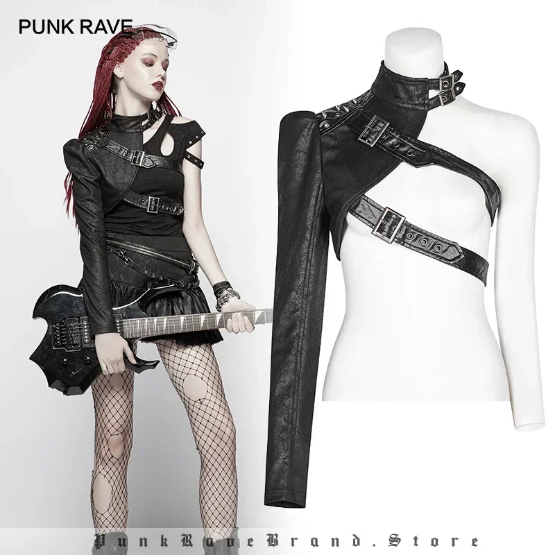 PUNK RAVE Gothic Apocalittico delle donne Un-braccio manica Lunga Rivet Breve Sexy del Rivestimento del Cappotto Soldato Nero Cosplay Prestazioni