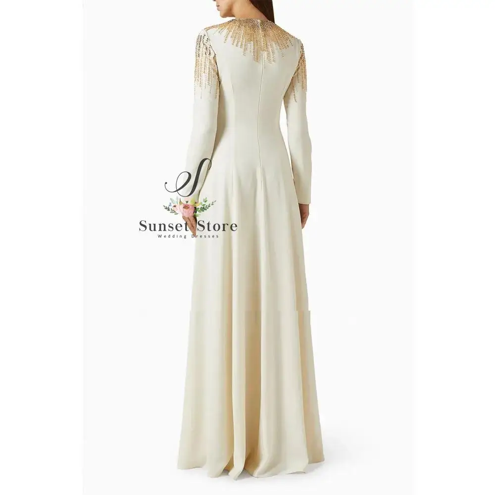 ที่กําหนดเองงาช้างประดับด้วยลูกปัด O-Neck Crepe ชุดราตรีอย่างเป็นทางการ Slim A-Line ชุดราตรียาว 2025 แขนยาวชุด