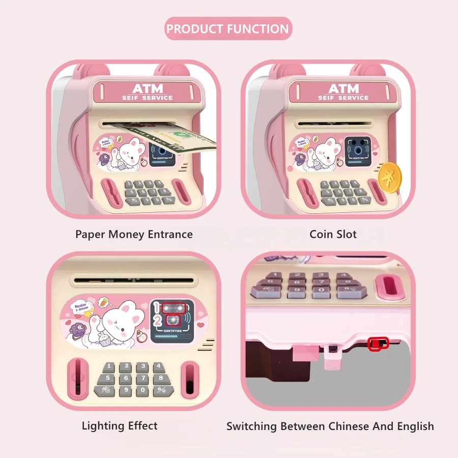 어린이 ATM 저금통, 음향광학 효과, 비밀번호 잠금 해제, 자동 동전 롤링 머니 박스 장난감, 남아 여아 선물