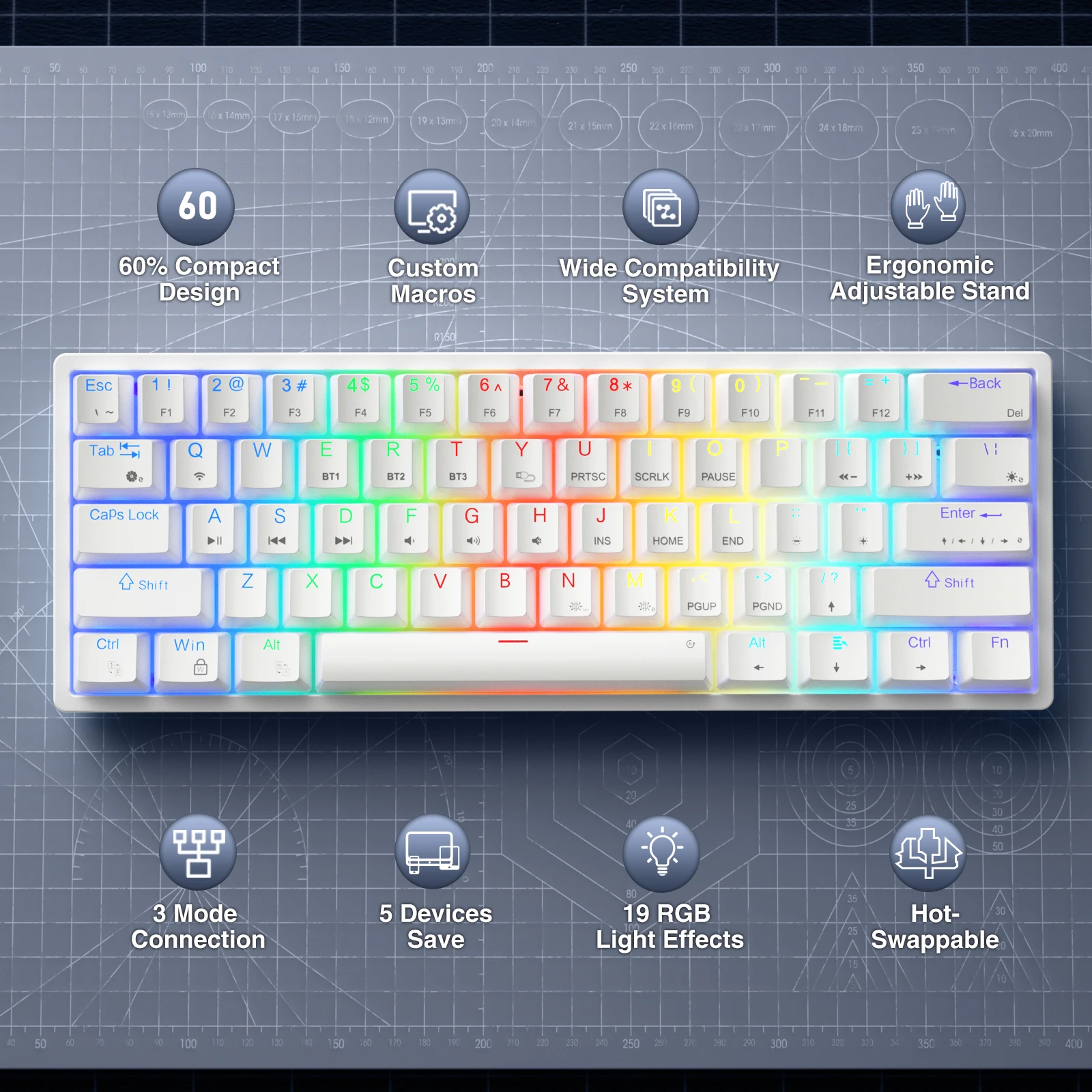 SOLAKAKA SK961 60%  Wireless Mechanical Keyboard Bluetooth Hot-Swappable Mini 61-Keys RGB Backlit Programmable Gaming Keyboard