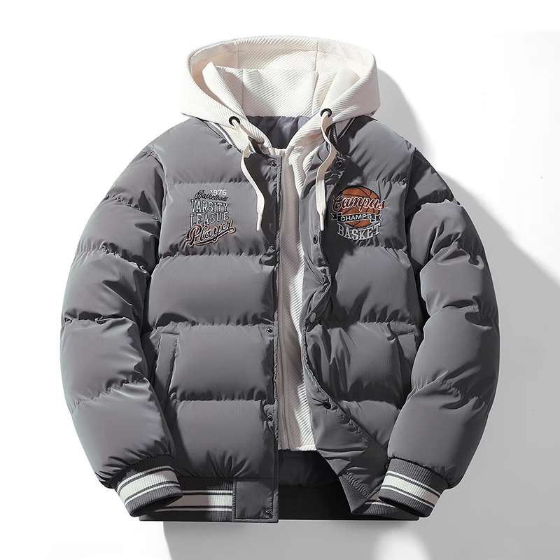 2024 Giacca invernale da uomo Street Harajuku Ricamo Design Falso 2 pezzi Tuta da baseball Giacca imbottita calda Parka ispessita casual