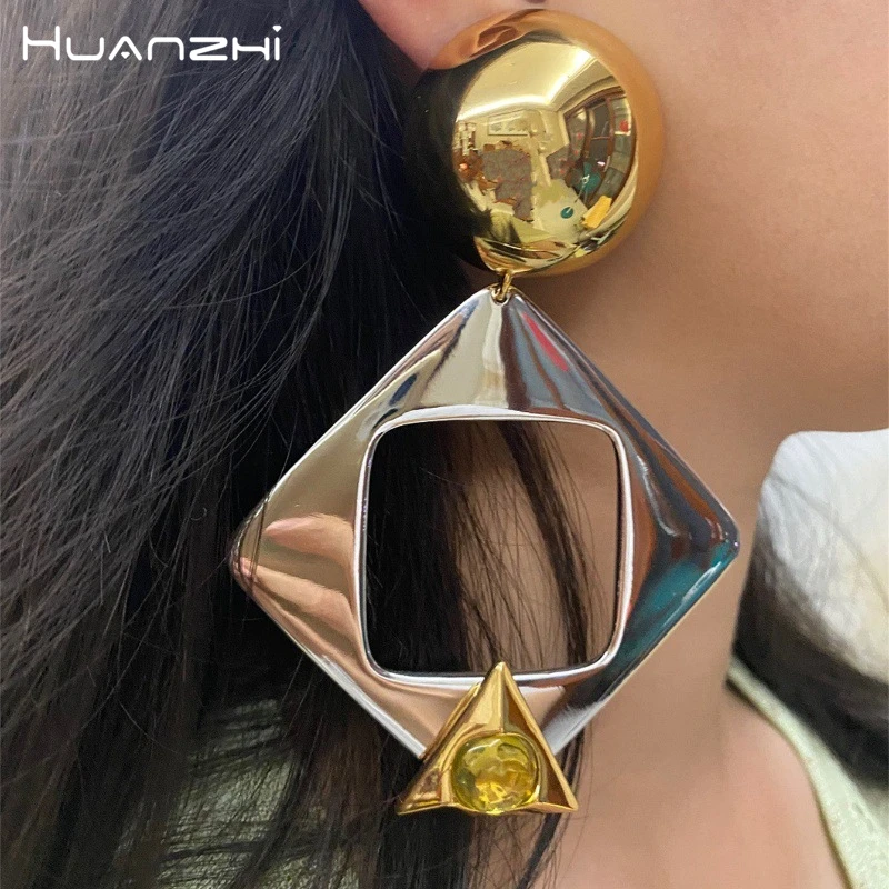 HUANZHI Vintage Gold Silver Color Splicing Geometric Drop Earrings Exaggerated Personality Large Jewelry for Fashion Women