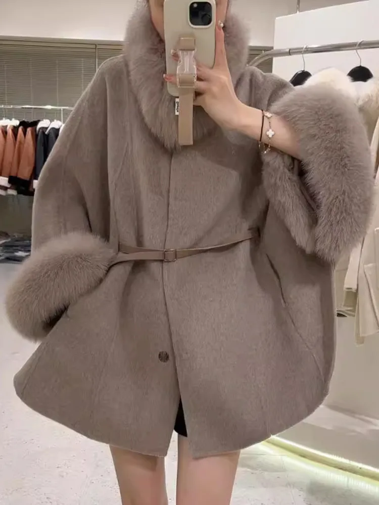 ZMEENNA Damen-Umhangmantel aus Wollmischung mit Kunstpelzkragen und Manschetten, elegante Winter-Poncho-Jacke mit Gürtel, stilvoll, ZM3662