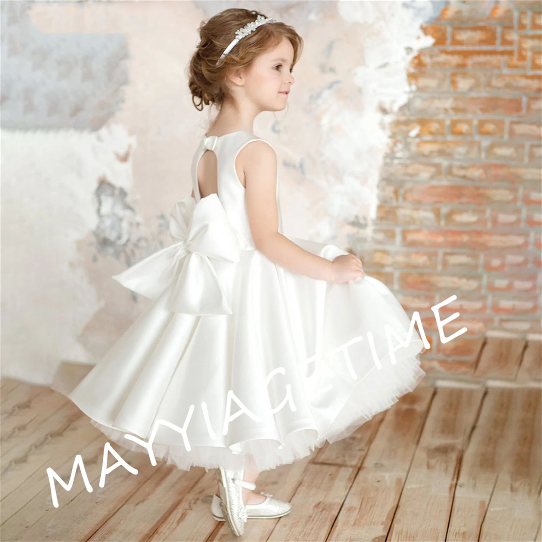 

Gardenwed Ivory Flower Girl Dress Satin Short Baby Girl Dress Backless Princess Dress Girl Birthday Dress First Communion