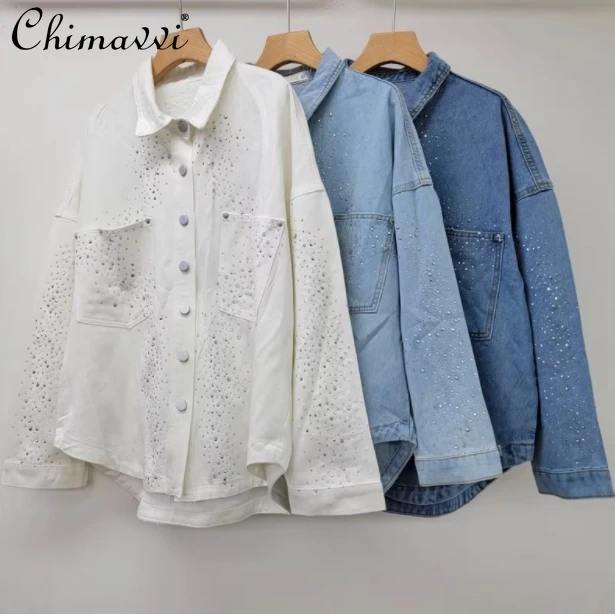 Heavy Lapel Full of Hot Diamonds Loose Denim Jacket 2025 Spring New Fashion Loose Casual Long-sleeved Shirt Blouse Women