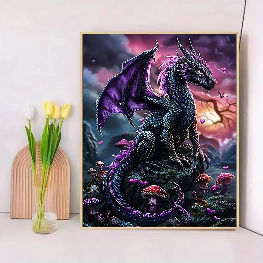 1 piece - 5D-DIY - Flocking cloth - Special drill - Diamond painting set - Dragon, mushroom - Mosaic - Diamond art view 3