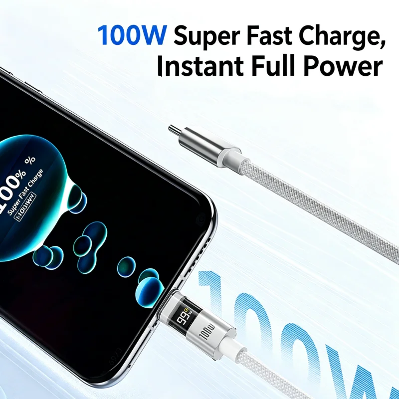 100W PD Type C to Type C LED Digital Display Fast Charging Cable Nylon Braided Data Cord 2M Blue Purple，Micro USB 0.3m Cable