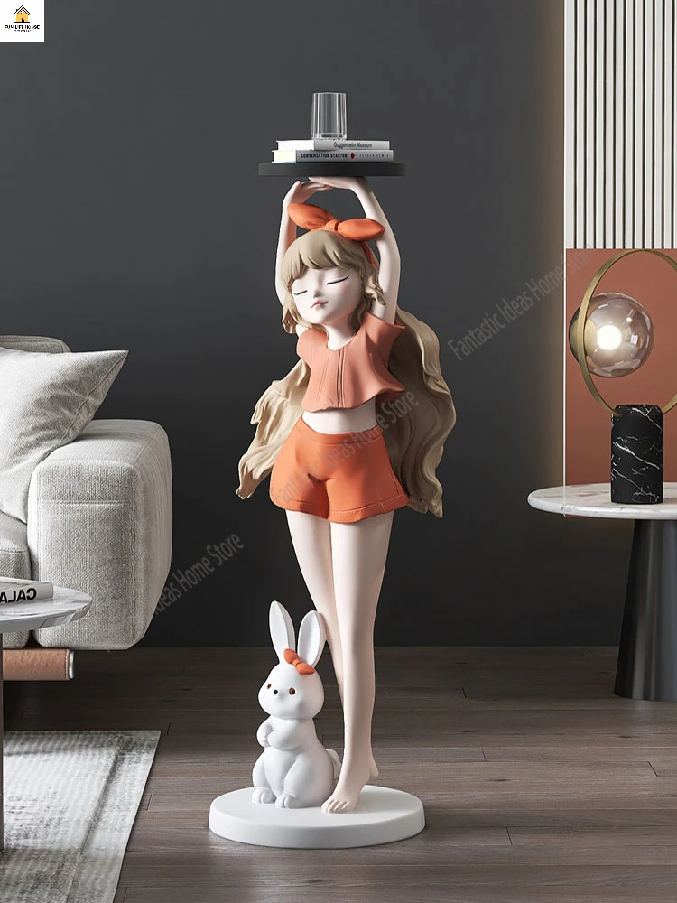 82cm Cartoon Girl Nordic Fashion Statue Tray Home Decoration Large Floor-standing Decoration Crafts Gift Opening Housewarming