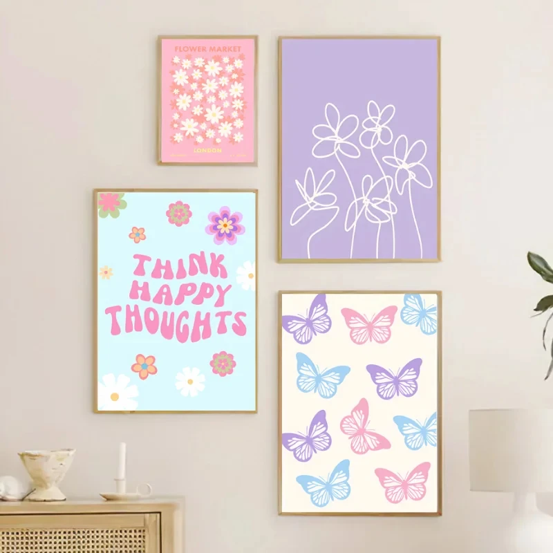 Abstract Danish Pastel Wall Art Poster Prints Purple Checkered Smiley Flower Canvas Painting Picture for Living Room Home Decor