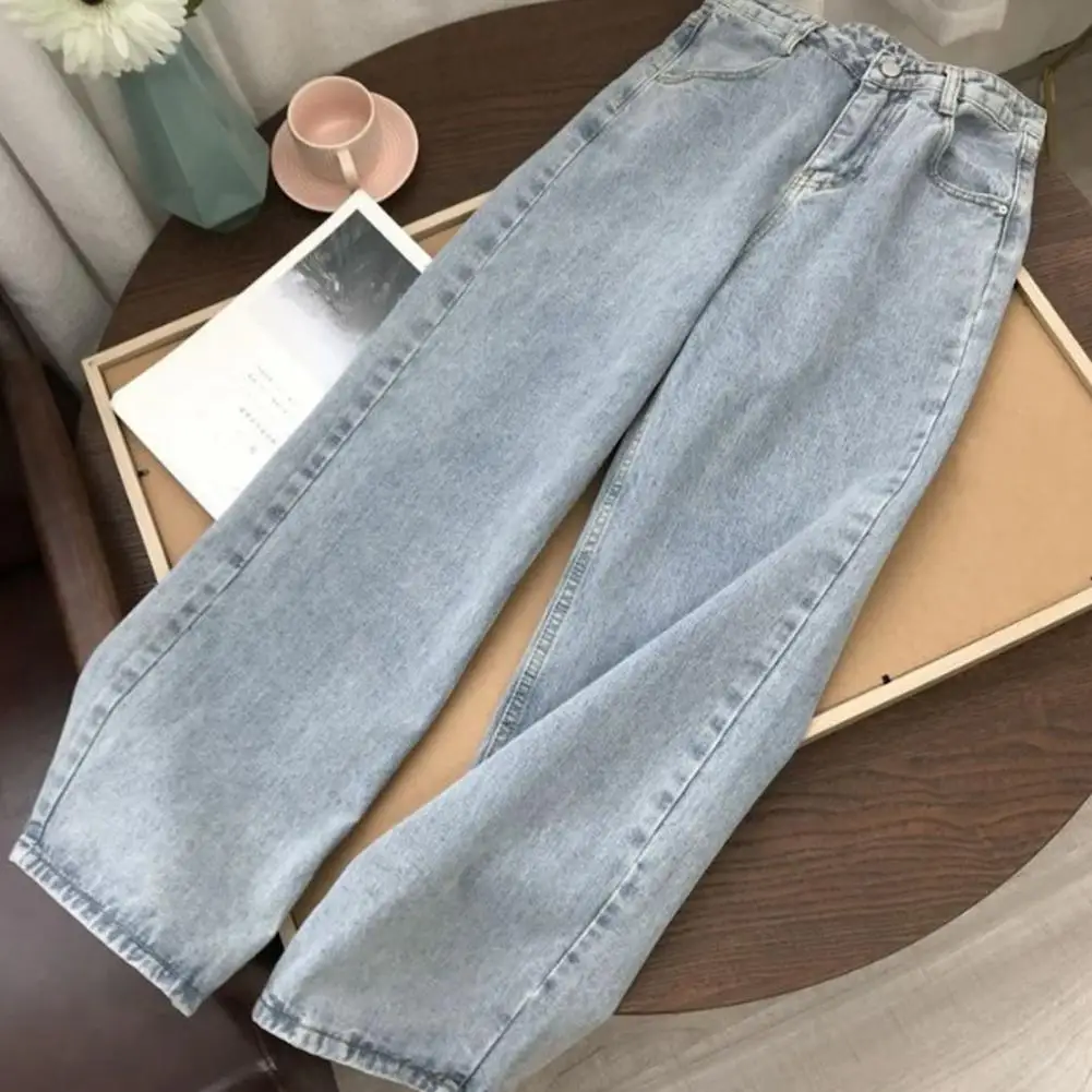 Jeans de perna larga retrô de cintura alta feminino com bolsos, fechamento de botões, monocromático, zíper, streetwear para A