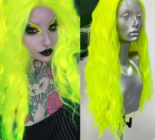 Fluorescent Green Long Wave Synthetic Lace Frontal Wigs For Women Natural Wave Lace Hair Fren Part Cosplay Green Wigs Party