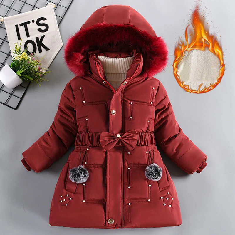 Winter Girls' New Nail Bead and Plush Thickened Waist Hair Collar Hooded Fashionable Windproof and Warm Cotton Jacket