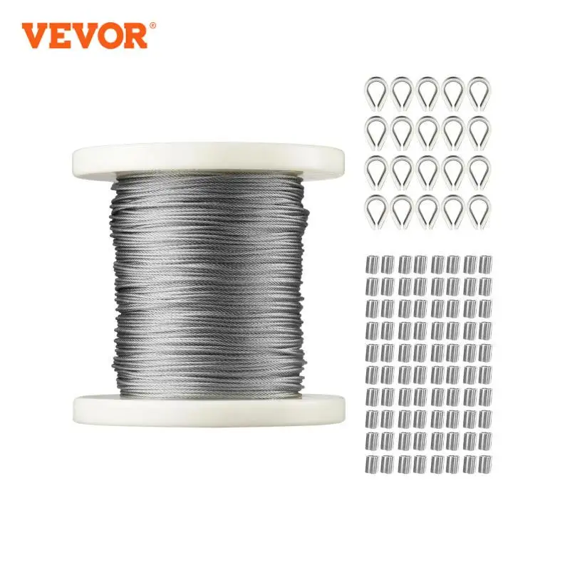 VEVOR Wire Rope Kit 304 Stainless Steel Cable Construction Marine Aircraft Grade for Handrail Decking Garden Fence Clothes Line