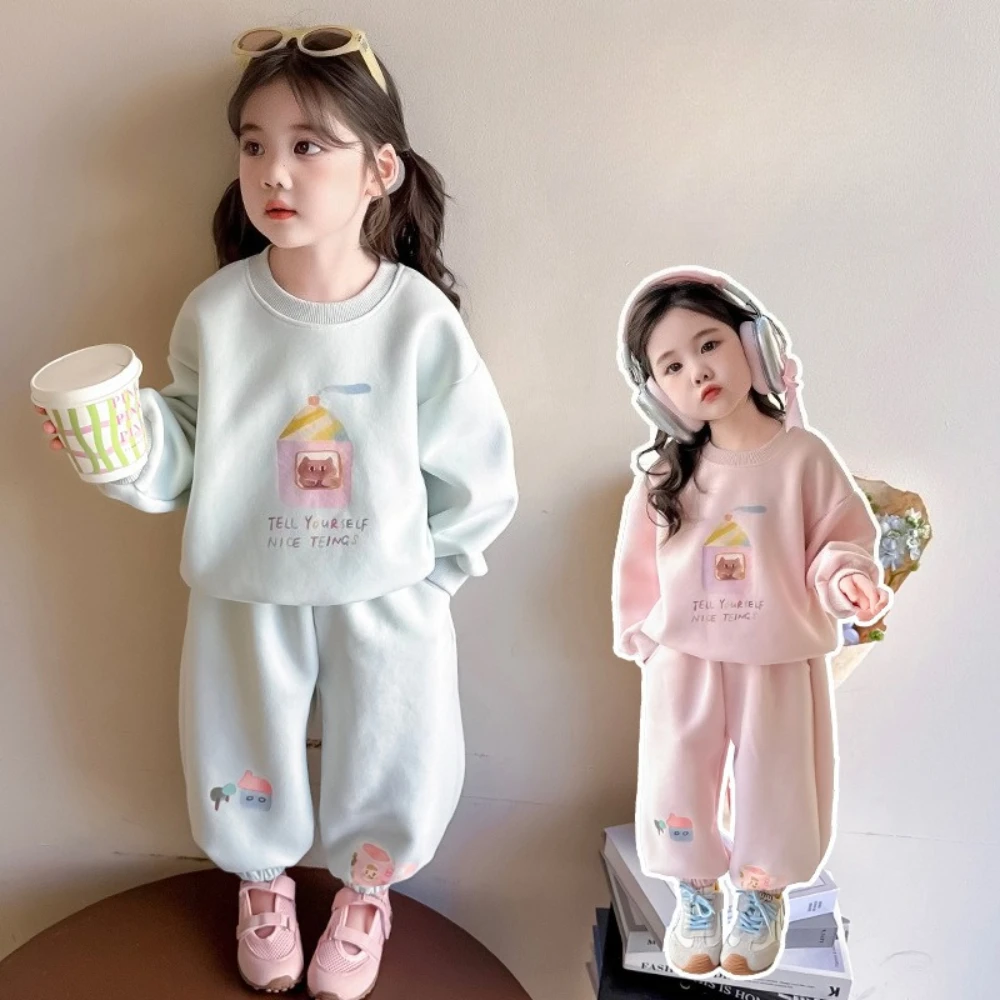Bear Leader Korean Version of Casual Sports Kids Clothes Girls Autumn Cartoon Printed Long Sleeve Top and Pants Two Piece Set