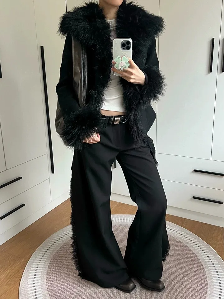 สีดํา Furry Patch Turn-Down COLLAR สั้นเสื้อกันหนาวผู้หญิงโกธิคฤดูใบไม้ผลิฤดูใบไม้ร่วง Y2k Slim Punk Grunge เปิดเสื้อด้านบน