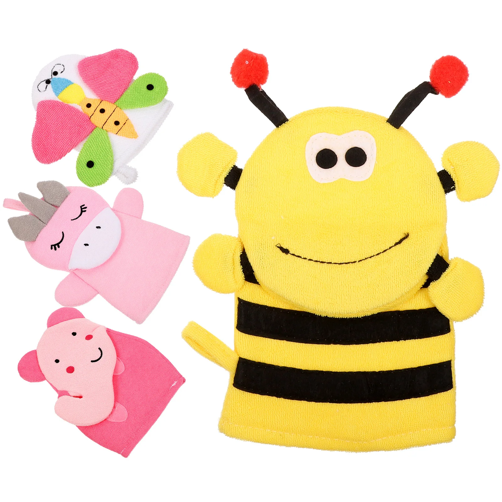 

4Pcs Cartoon Bath Gloves for Kids Exfoliating Body Scrubber Portable Shower Mitts Back Cleaning Washing Cloths Comfortable Baby