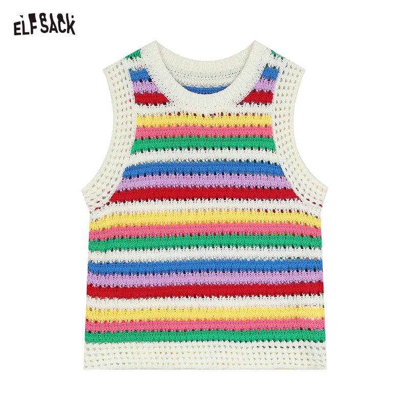 ELFSACK 2024 Summer New Arrivals Dopamine hollowed out striped knitted vest for women sleeveless tank top