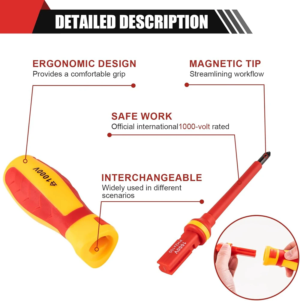 13/9-teiliges 1000V Isoliertes Schraubendreher-Set S2-Stahl Magnetische Spitzen PP+TPR-Griff für Elektriker-Reparaturwerkzeuge & Industrielle Anwendungen – Detail 7