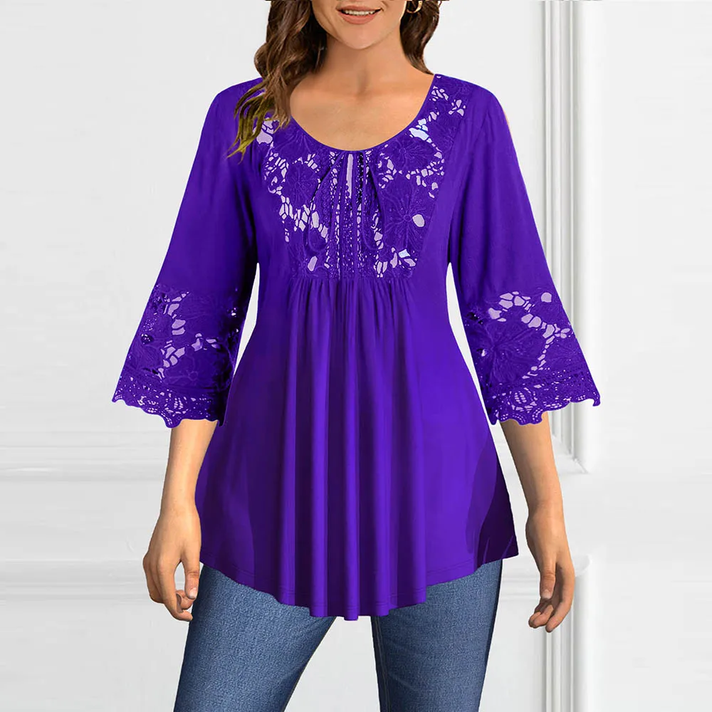 

Plus Size Lace Hollow Out Elegant Women Blouse Lace-up Round Neck Slim 3/4 Sleeves Tops Autumn Daliy Solid Casual Blouse Shirts