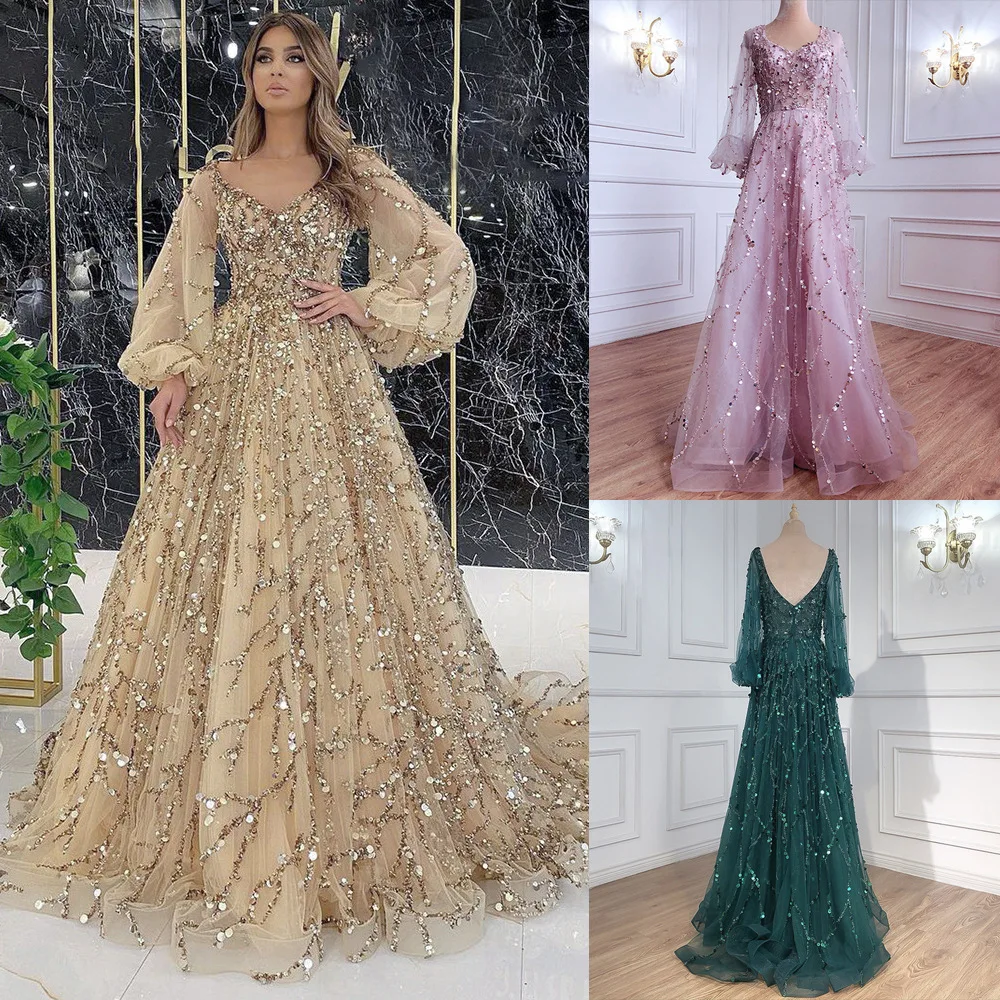 Gold Embellished Luxury Evening Gown Sexy Lady Queen Long Dress Heavy Work