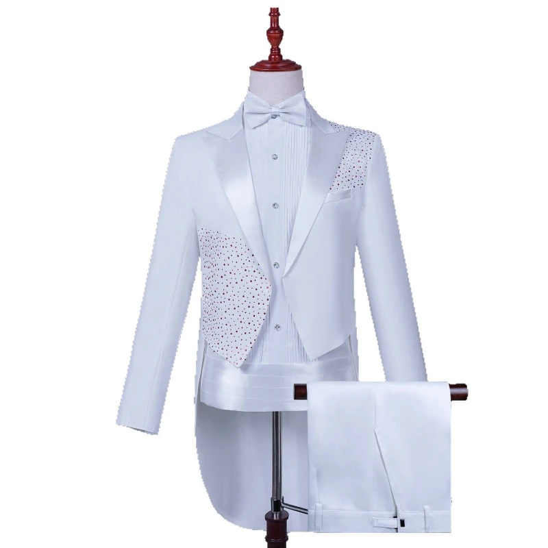 

2025 Fashion Hot Diamond Tuxedo Suits with Bow Tie and Waist Cove,Host,Magician, Master of Ceremonies,Stage Performance Costumes