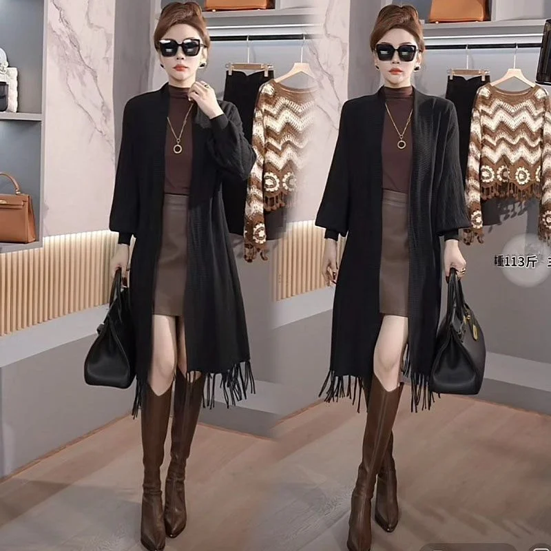 

Mid-Long Cardigans Navy Blue Womens Autumn High-Fashion Relaxed-Fit Lace-Up Chunky Fur Varsity Sheer Panelled Bow Half-Zipper OL