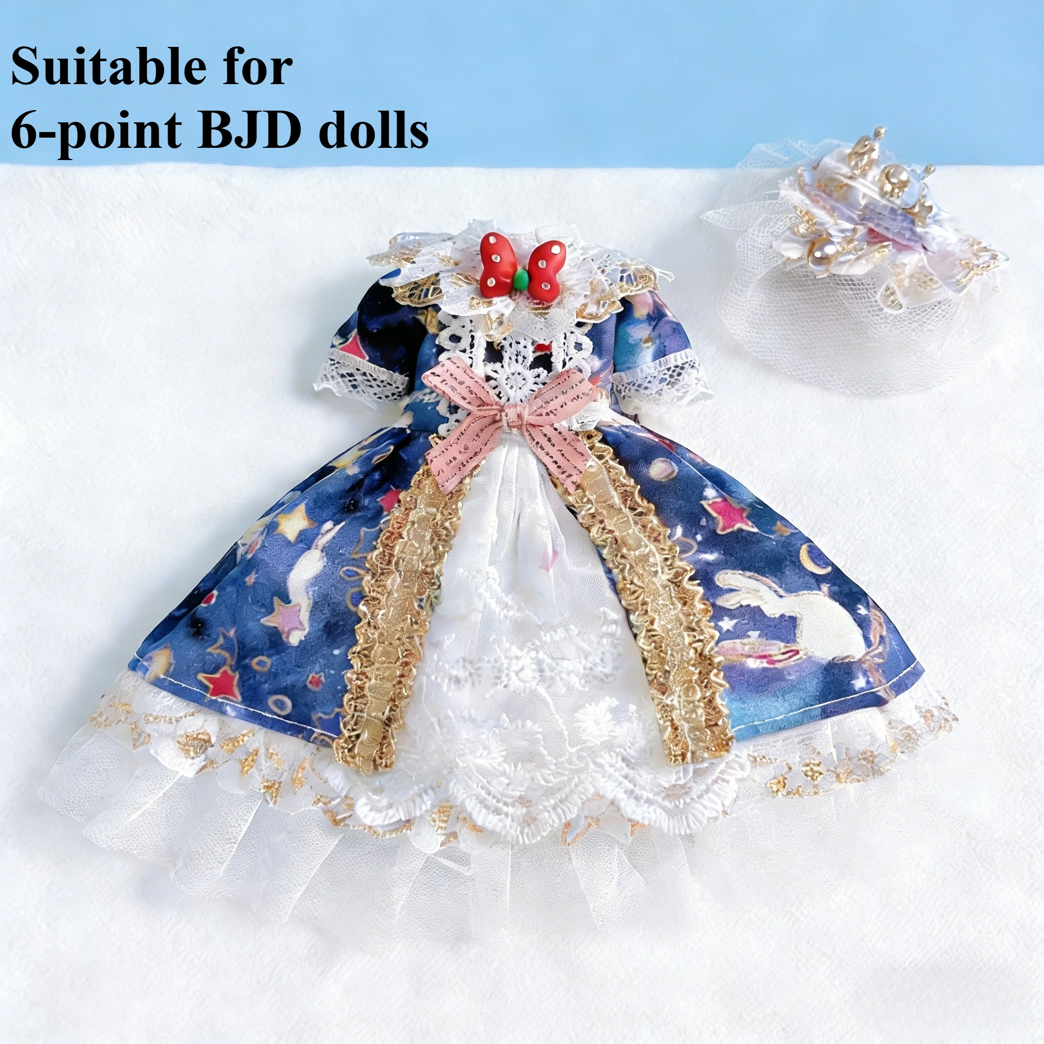 Nowy Zestaw Sukienki Lolita Gwieździsta Noc dla Lalki BJD 6-punktowej, Złote Koronkowe Wykończenie, Spódnica z Nadrukiem Nieba, Strój dla Lalek 30 cm, Akcesoria do Przebierania, Prezenty