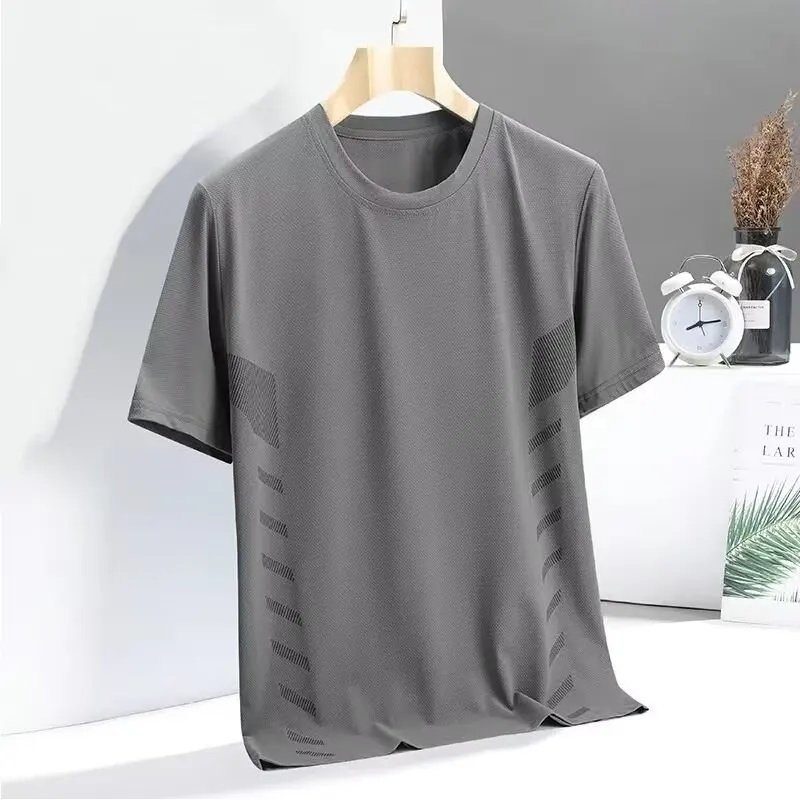 Middle Age Summer Ice Shreds Short Sleeved Men Thin Style Quick Drying Mesh Solid Color Round Neck Printing Breathable T-shirt