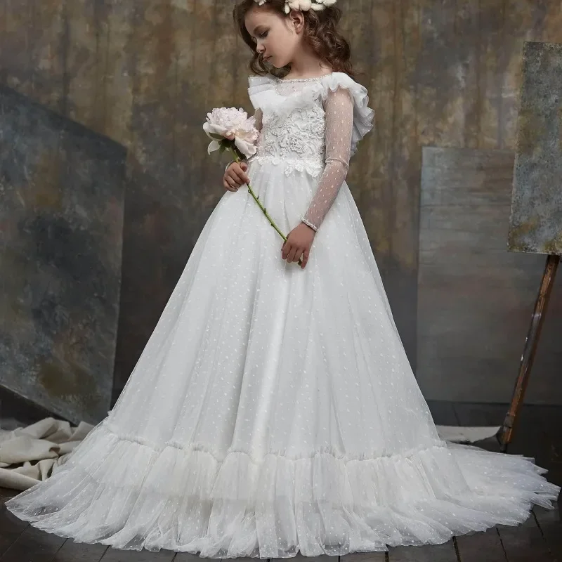 

Luxurious Flower Girl Dress Floor Length Glitter Bead Appliques Baby Girl Princess Wedding Birthday Party First Communion Dress