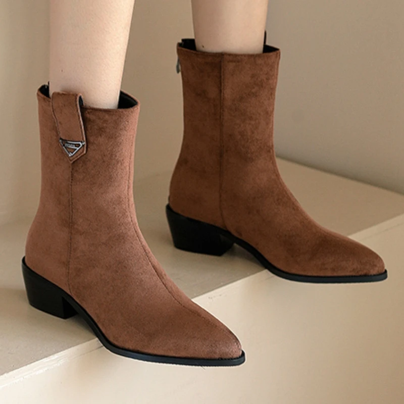 

Big Size 46 Brown Short Boot Female Fashion Comfortable Faxu Suede Ankle Boots For Women Low Heels Black Blue Footwear Shoes