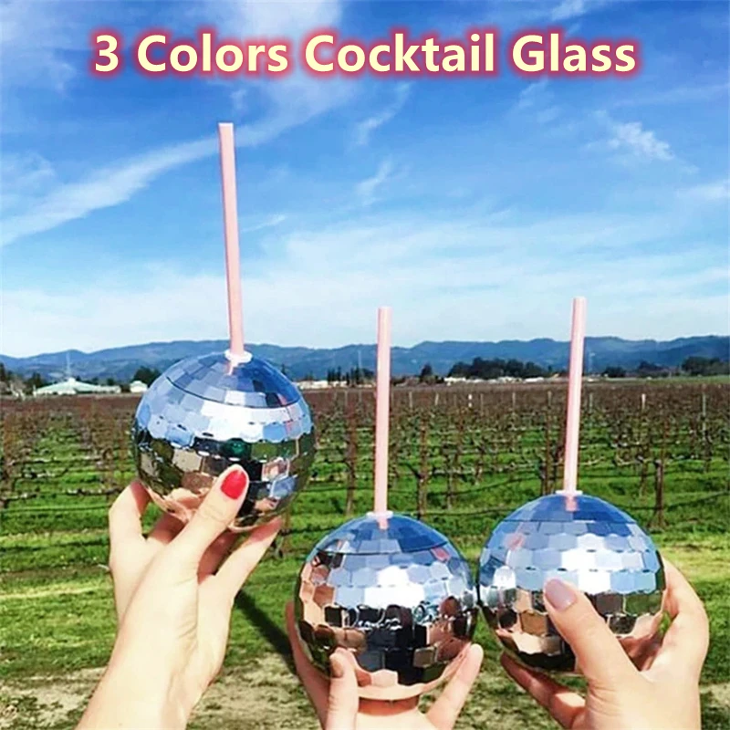 2/4/8Pcs 600ml Cocktail Glass Flash Disco Ball Cups Christmas Party Bar Decor with Straw Wine Whiskey Juice Goblets Drinkware