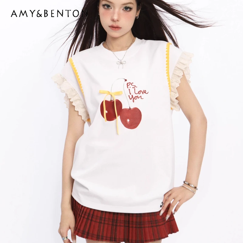 

2025 Summer Lace Splicing Women's Top Small Flying sleeves Cherry T-shirt Sweet Cute Versatile Thin Short-sleeved tees Ladies