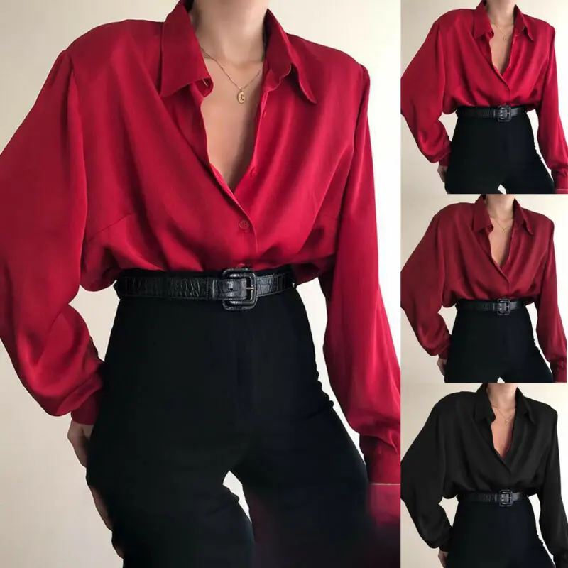 OL Shirt Baggy Tops Red/Wine Red /Black Women Button Blouses Casual Blouse Loose Turn Down Collar Shirts Office Lady Long Sleeve