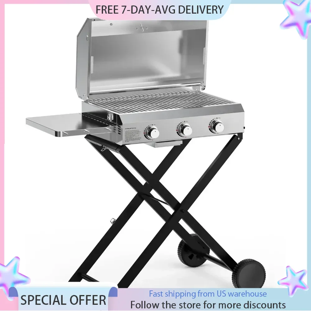 Propane Grills, BBQ Burner with Foldable Cart & Side Table, Portable Propane Grill with Lid for Outdoor Patio, Backyard Barbecue